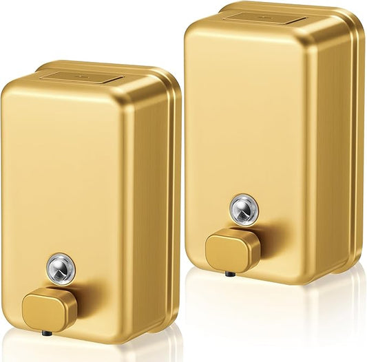 Maxdot 2 Pcs 37 oz/1100 ml Commercial Stainless Steel Soap Dispenser Wall Mount with Corrosion Proof Lining and Manual Anti Leak Pump for Home Bathroom Accessories Kitchen (Gold)