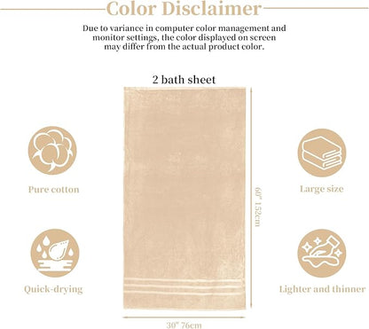 Cotton Bath Towel – Large 30x60 Inches, Soft, Thick & Absorbent Towel for Bathroom, Spa, or Home Use (Beige, 2 Pack – 30"x60")