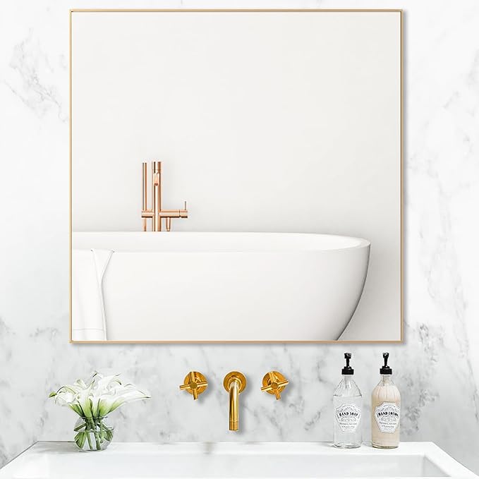 30x30 Inch Gold Bathroom Mirror, Copper-Free Mirror, Aluminum Alloy Frame Vanity Mirror, Rectangle Wall Mounted Mirror, Modern Mirror for Bedroom/Living Room/Porch Horizontal or Vertical