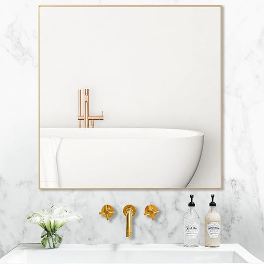 30x30 Inch Gold Bathroom Mirror, Copper-Free Mirror, Aluminum Alloy Frame Vanity Mirror, Rectangle Wall Mounted Mirror, Modern Mirror for Bedroom/Living Room/Porch Horizontal or Vertical