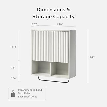 Bathroom Wall Cabinet, Fluted Wooden Medicine Cabinet Storage with 2 Doors, Adjustable Shelf and Towels Bar, Modern Wall Mount Large Floating Cabinet for Kitchen Laundry Room White