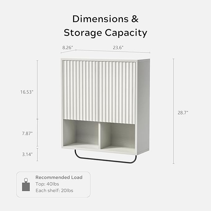 Fluted Wall Cabinet Set of 2, Wooden Bathroom Medicine Cabinet Storage with 2 Doors, Adjustable Shelf and Towels Bar, Modern Wall Mount Large Floating Cabinet for Kitchen White