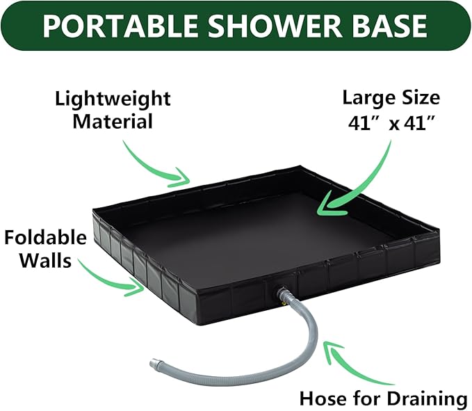 Portable Shower Pan, 41" x 41" x 5" Foldable Shower Base & Basin Floor with Detachable Drain Pipe, Ideal for RV, Outdoor,Indoor Shower Stall Enclosures
