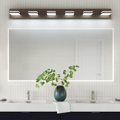 SineRise LED Modern Bathroom Vanity Light Fixtures (6-Light, 48-Inch), Brown Wood Painted Modern Acrylic Bathroom Wall Lighting Fixtures Over Mirror (Cool White 6000K)