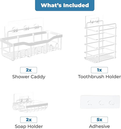 Fab Glass and Mirror Shower Caddy Pack of 5, white - Shower Organizer and Shelves for Efficient Storage, Wall Mounted Bathroom Caddy, Wall Organizer