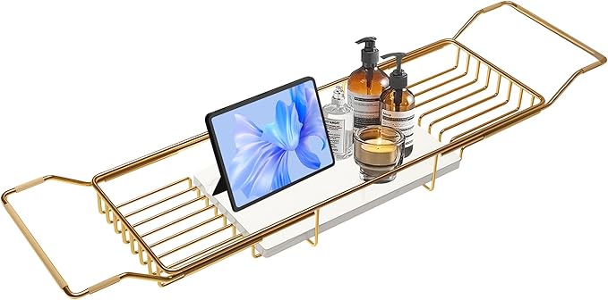BVL Bathtub Tray Stainless Steel with Marble Base Gold Bathtub Tray with White Marble Base Adjustable & Rustproof Bath Caddy for Spa, Relaxation, Bath Bombs