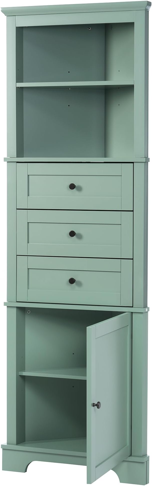 Favfurish 69" Tall Corner Cabinet with Door and 3 Drawers,Modern Bathroom Storage Cabinets w/Adjustable Shelves,Freestanding Organizer for Bathroom,Kitchen,Living Room,Dining Room,Green