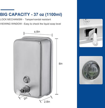 Commercial Wall Mount Stainless Steel Soap Dispenser, Corrosion Proof Lining Liquid Hand Sanitizer Dispenser Bathroom 1100ml / 37oz. (Vertical)