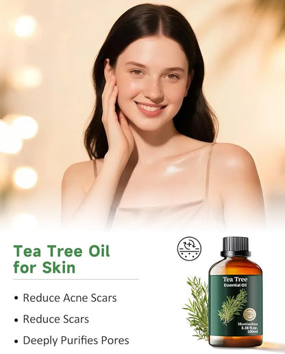 Pure Tea Tree Essential Oil, Mumianhua Natural Purifying Oil for Home & Outdoor Protection, Aromatherapy for Cleansing Air, Diffuser, Hair, Skin & Nail Care, 3.38 Fl Oz