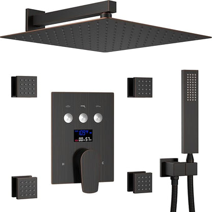 Shower System Oil Rubbed Bronze Shower Faucet Set 12 Inch Wall Mounted Full Body Rain Shower System with Body Jets, Handheld Spray, Digital Temperature Display Shower Valve