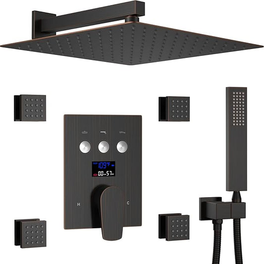 Shower System Oil Rubbed Bronze Shower Faucet Set 12 Inch Wall Mounted Full Body Rain Shower System with Body Jets, Handheld Spray, Digital Temperature Display Shower Valve