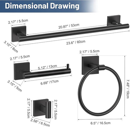 TURS Matte Black 5-Pieces Bathroom Hardware Set SUS304 Stainless Steel Towel Bar Set Wall Mounted 23.6 Inch Towel Racks for Bathroom Square Towel Holder Set