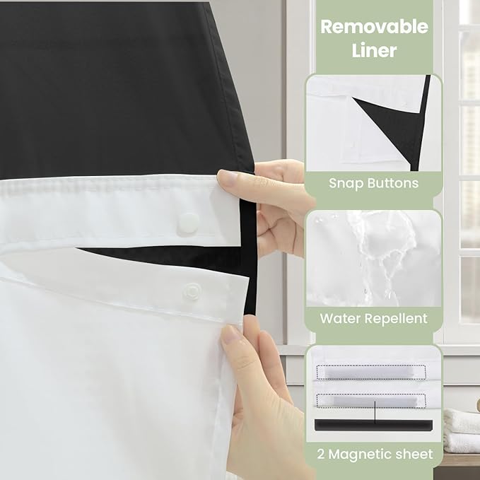 Inhousolu Stall No Hook Shower Curtain with Snap in Fabric Liner Set Waffle Weave 230GSM Weighted Hem, Waterproof & Washable Bathroom Curtain Spa Luxury with Mesh Top Window 60" W x 72" L Black