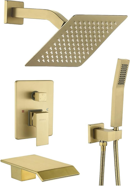 JOYWELL Bathroom Shower Faucets sets Complete Brushed Gold Bath tub Shower Faucet set with 8" Shower Head/Handheld Shower and Tub Faucet Combo