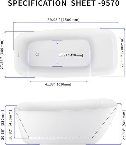 59" Acrylic Freestanding Bathtub, Single Slipper Free Standing Tub, Soaking Tub with Integrated Slotted Overflow, Toe-Tap Chrome Drain, cUPC Certified, Glossy White