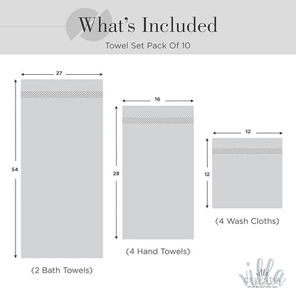 100% Combed Cotton Bathroom Towel Set of 10-2 Bath Towels, 4 Hand Towels, 4 Wash Cloths, Sustainable, Soft, Highly Absorbent 10 Piece Cotton Bath Towel Set Ideal for Hotels, Spa, Bathroom, Dorm, White