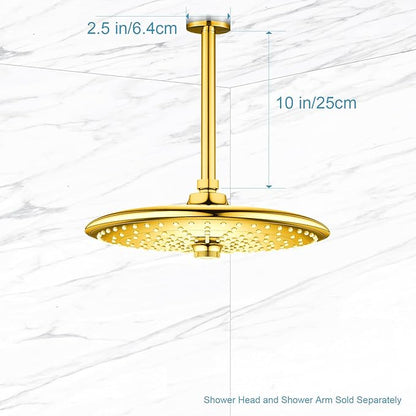 OFFO Shower Arm with Flange, Bright Gold 10 in Ceiling Mount Replacement Rain Shower Head Straight Arm Ceiling-Mounted For Fixed Shower Head & High Pressure Rain
