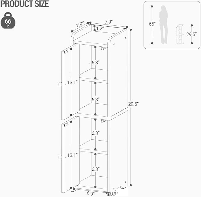 Bathroom Storage Cabinet, Corner Floor Cabinet with 2 Doors and Adjustable Shelf, Narrow Toilet Paper Cabinets, Bathroom Organizer for Small Spaces, 7.9" D x 7.9" W x 29.5" H Greige
