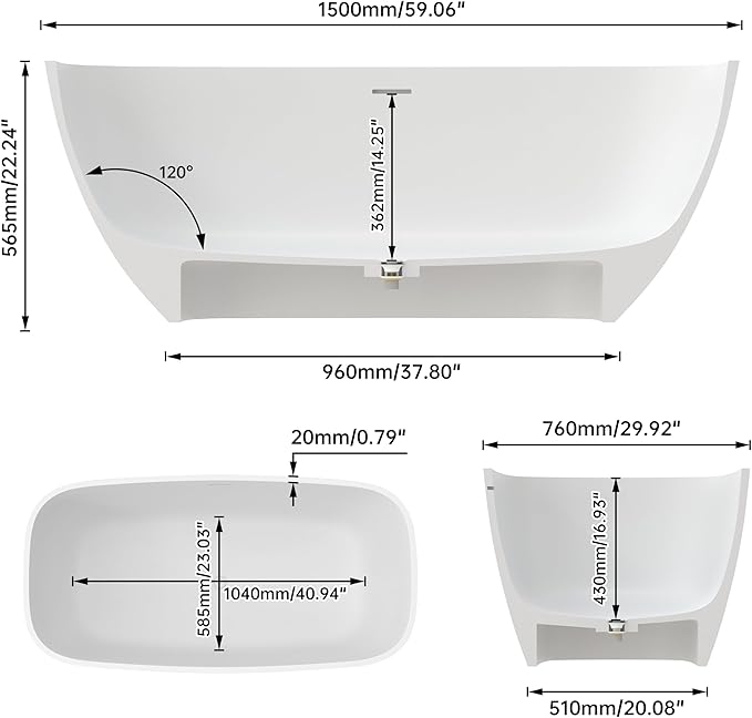59'' Freestanding Bathtub Resin Stone Deep Soaking Tubs Solid Surface Matte Tub with Overflow and Pop-up Drain