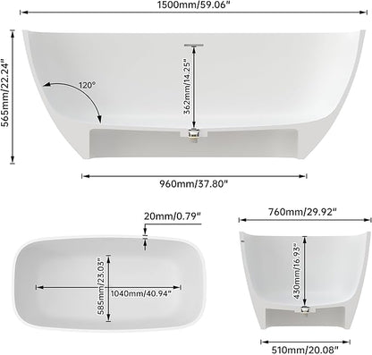 59'' Freestanding Bathtub Resin Stone Deep Soaking Tubs Solid Surface Matte Tub with Overflow and Pop-up Drain