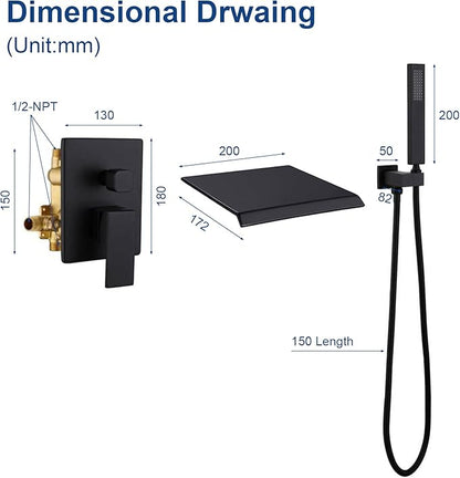 Taplong Wall Mount Tub Faucet with Waterfall Tub Spout Wall Mounted Tub Filler with Handheld Sprayer Black Bathtub Faucet Solid Brass Single Handle Shower Faucet Set with High Flow Rough in Valve
