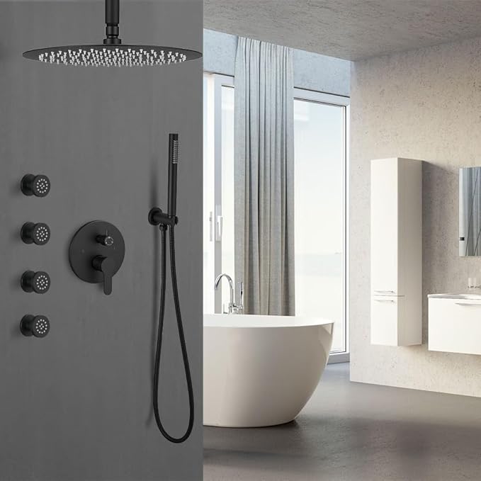 Matte Black Round Shower Faucet Set with Body Jets 12 Inch Shower Head Handheld Shower Combo Set High Pressure Ceiling Mount with Rough-in Valve