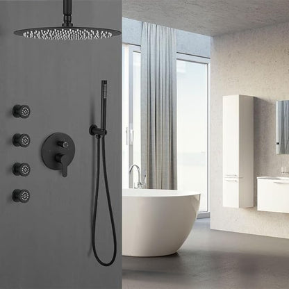 Matte Black Round Shower Faucet Set with Body Jets 12 Inch Shower Head Handheld Shower Combo Set High Pressure Ceiling Mount with Rough-in Valve