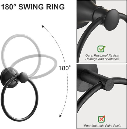 BESy Matte Black Bathroom Hand Towel Ring Towel Holder, Rustproof Wall Mounted Bathroom Hardware Accessory SUS 304 Stainless Steel Towel Rack