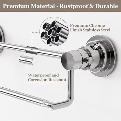 Suction Cup Double Towel Bar Adjustable 13"-25", Bath Sheet Rack Stainless Steel for Glass Shower, Powerful Vacuum Towel Holder for Bathroom, Kitchen, RV, and Renters
