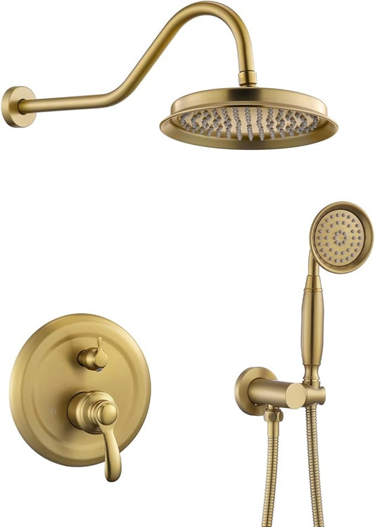 Antique Shower Head Faucet Set,Brushed-Gold Vintage Wall Mount Shower Faucets Combo With Handheld Spray,Bathroom Rainfall Shower System Trim Kit With Brass Pressure Balance Valve & 9''Shower Head