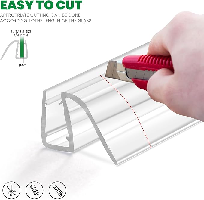 Bathroom Shower Glass Door Bottom Seal Strip, 2PCS 36 Inch Long Clear PVC Seal Strips for 1/4"(6mm) Thick Framless Glass Door Panel