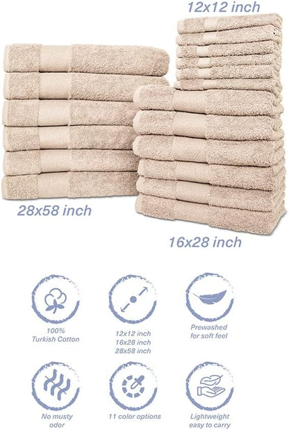 Hencely 18-Piece Bath Towel Set - High Absorbency, Quick Drying - 100% Soft Turkish Cotton - 6 Bath Towels, 6 Hand Towels, 6 Washcloths - Bathroom, Home, Hotel, Spa, and Gym - 18-Pack Beige