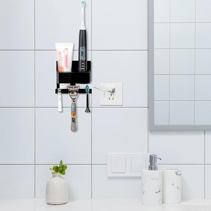 Electric Toothbrush Holder Wall Mounted, Electric Toothbrush Cord Organizer, Self Adhesive Electric Toothbrush Stand for Bathroom, Medicine Cabinet, Dorm(Black)