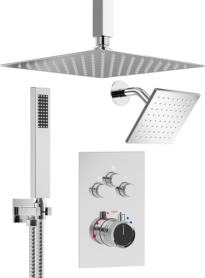 Thermostatic Shower System, Dual Rainfall Shower Heads for Ceilling & Wall Mounted with Handheld Sprayer, Chrome