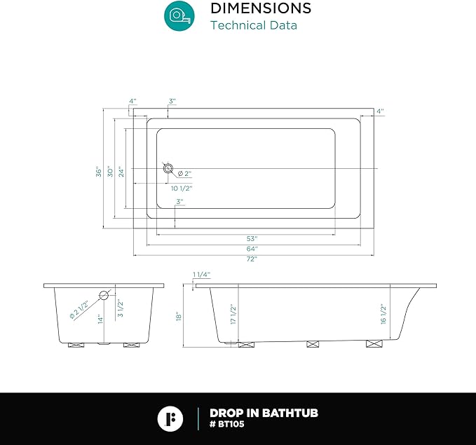 Fine Fixtures Drop In White Soaking Bathtub, Fiberglass Acrylic Material, 72"L x 36"W x 19"H