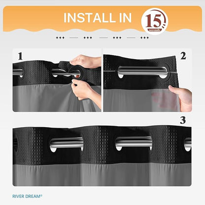 River Dream Heavyweight No Hooks Required Dotted Waffle Weave Shower Curtain with Snap in Liner -Extra Long 71W x 86H,Hotel Grade,Spa Like Bath Curtain,Black
