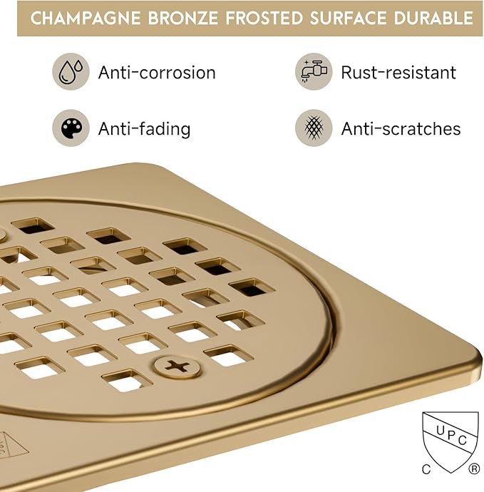 Yaseingo Removable Square Shower Floor Drain Compatible with Schluter Kerdi Drain Flange, 4 Inch Drain Grate Kit SS304 Stainless Steel and ABS Material - CUPC Certification, Champagne Bronze
