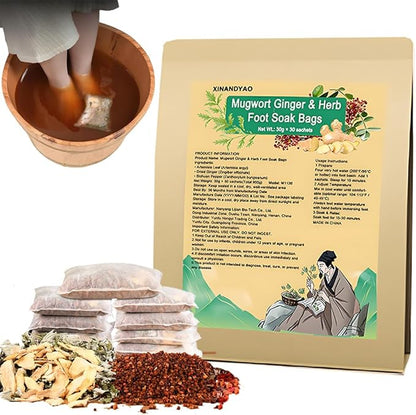Mugwort Ginger Herb Foot Soak Bags 31.7OZ,Lymphatic Drainage Chinese Herbal Wormwood Leg Foot Bath Bag, Chinese Herbal Foot Bath Spa Kits Foot Reflexology Relax