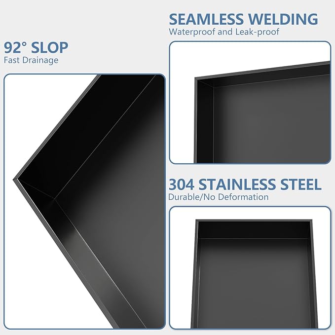 Homevacious Shower Niche 28" X 16" Stainless Steel No Tile Needed Matte Black Bathroom Shelf Rimless Recessed Wall Niche for Bathroom Storage