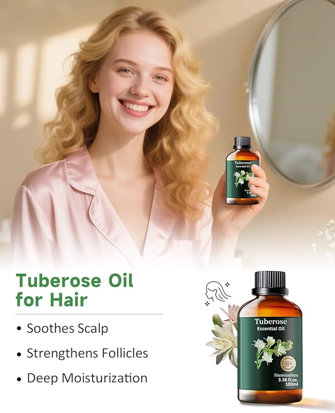 Mumianhua Tuberose Essential Oil 100% Pure Therapeutic Grade Natural Flower Tuberose Oil for Diffuser, Massage, Yoga, Skin,Hair, DIY Perfumes & Fragrance Candle Making Scents 3.38 Fl Oz