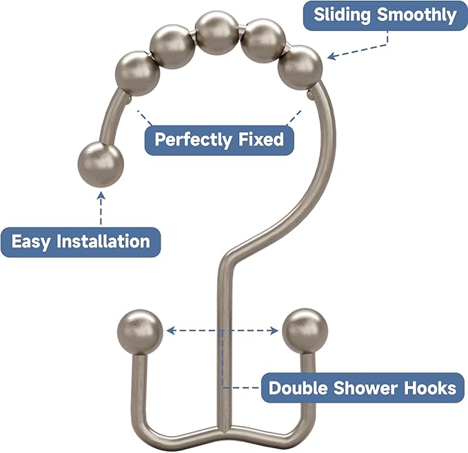 Titanker Shower Curtain Hooks Rings, Rust Resistant Metal Double Glide Shower Hooks Rings for Bathroom Shower Rods Curtains, Set of 24 Hooks - Matte Nickel