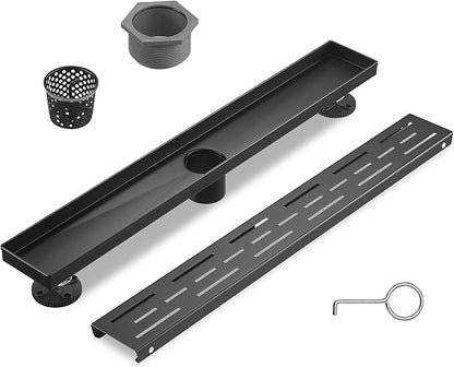Sharp-tec Linear Shower Drain, 24 inch Shower Drain with Removable Pattern Cover, Matte Black 304 Stainless Steel Rectangle Floor Drain, Adjustable Feet and Hair Strainer Included (Model 101)
