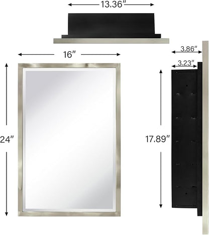 TEHOME Brush Nickel Metal Framed Recessed Bathroom Medicine Cabinet with Mirror Rectangle Tilting Beveled Vanity Mirrors for Wall 16 x 24 inches
