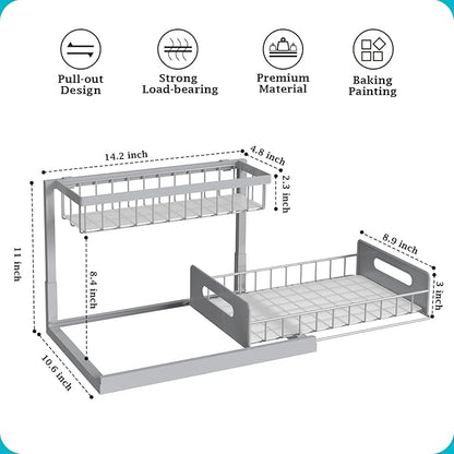 REALINN Under Sink Organizer, Pull Out Cabinet Organizer 2 Tier Slide Out Sink Shelf Cabinet Storage Shelves, Storage for Kitchen Bathroom, Grey, 2 Pack