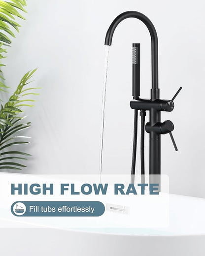Freestanding Bathtub Faucet Matte Black: Floor Mount Tub Filler, High Flow Brass Shower Faucets with Handheld Sprayer for Bathroom