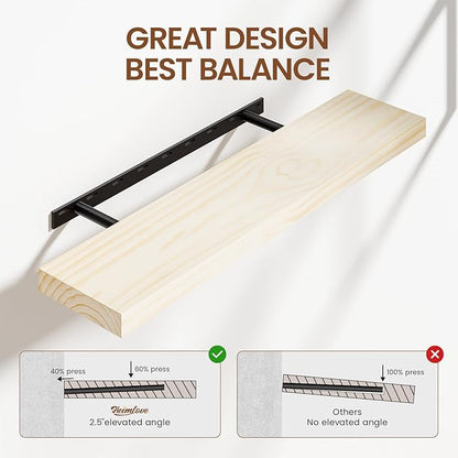 Heimlove 36 inch Floating Shelves for Wall,2 Packs Natural Pine Solid Wood Floating Shelves, 8 inches Deep Wooden Shelves for Kitchen Bedroom Office & Living Room Display Wall Decor