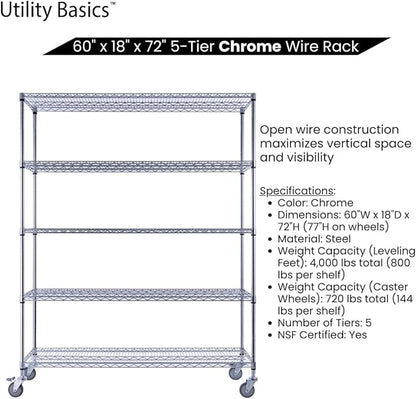 NSF Commercial 5-Tier Wire Shelving with Wheels, 60"x18"x72" Heavy Duty Metal Shelves 4000 lbs Max Capacity, Chrome Storage Rack for Garage Kitchen Pantry Warehouse