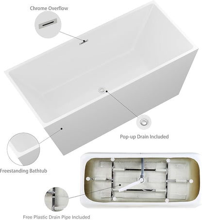 Logmey 67 Inch Bathtub White Acrylic Freestanding Rectangle Deep Soaking Tub with Chrome Drain & Overflow Assembly for Classic and Modern Bathrooms