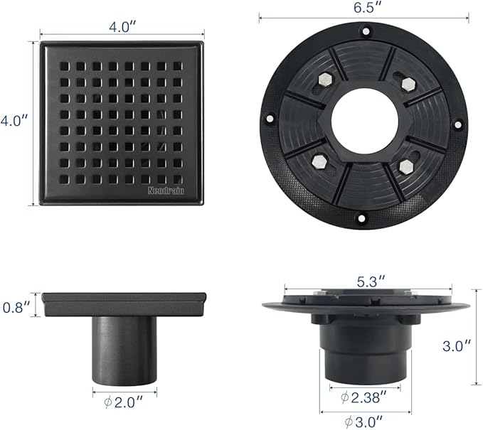 Neodrain 4-Inch Square Shower Drain with Removable Quadrato Pattern Grate, 304 Stainless Steel, Includes PVC Shower Drain Base&Hair Strainer, Shiny Black