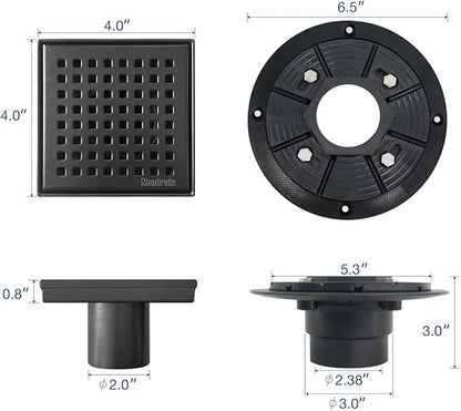Neodrain 4-Inch Square Shower Drain with Removable Quadrato Pattern Grate, 304 Stainless Steel, Includes PVC Shower Drain Base&Hair Strainer, Shiny Black